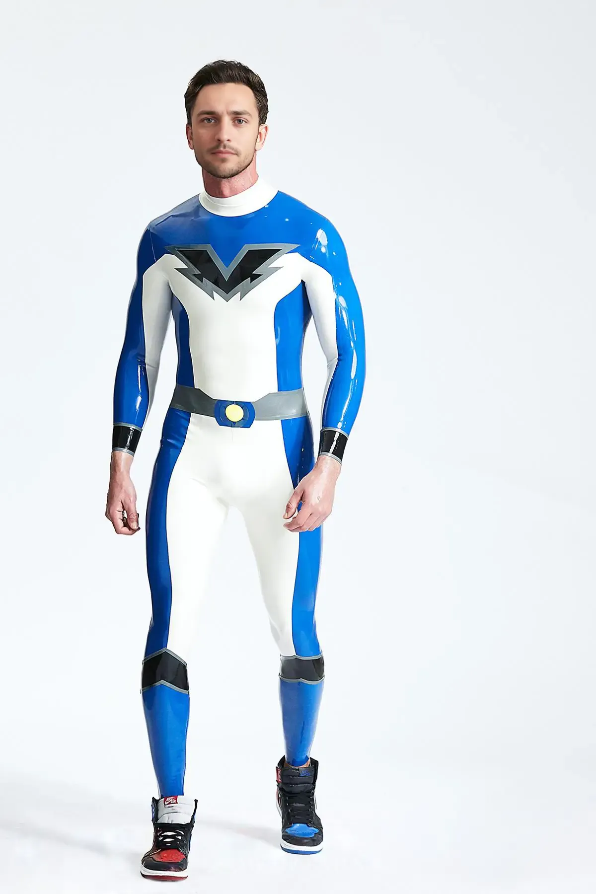 Bold V Pattern Fake Belt Pattern Male Valorous Latex Catsuit