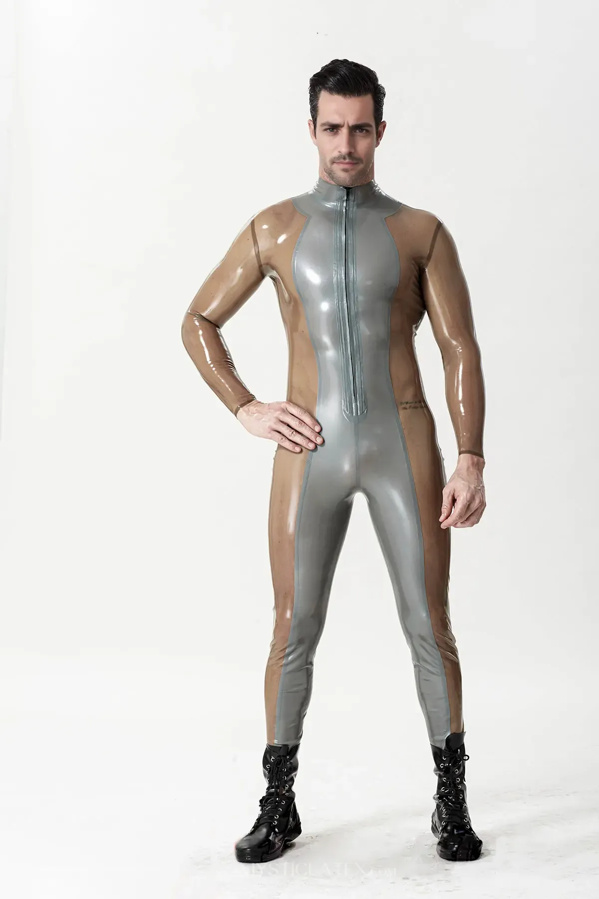 Translucent Sleeves and Sides Body Silver Sleek Front-zip Latex Catsuit