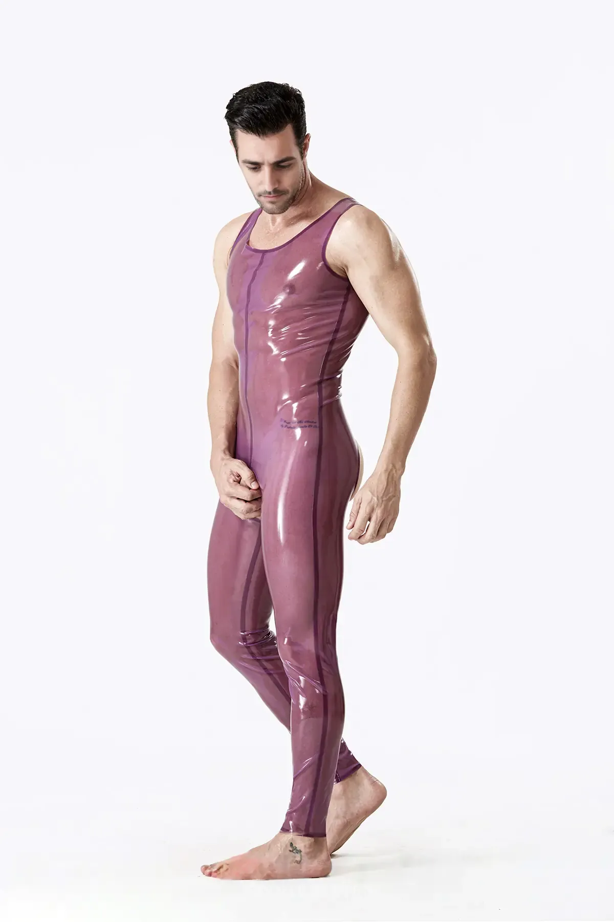 Man Translucent Purple Sleeveless Front Crotch Hole Open Bum Singlet Latex Suit