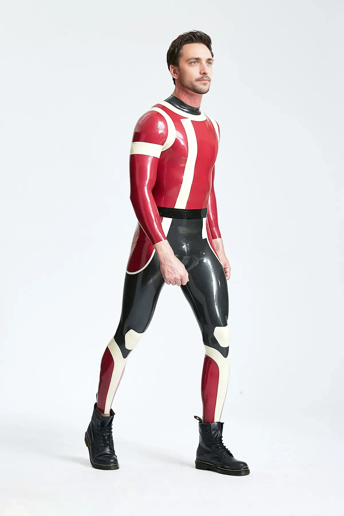 Male Irregular Patterns with False Belt Polymorph Back Zip Latex Catsuit