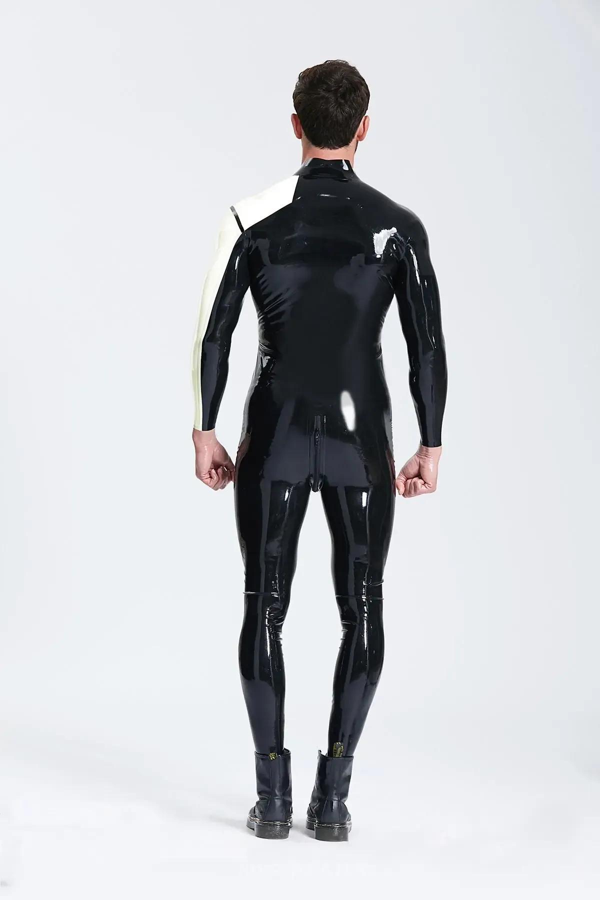 Left Sleeve Two-color Pattern Male Asymmetric Latex Catsuit