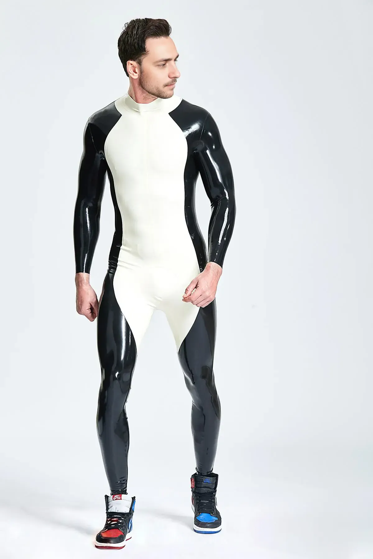 Male Two-color Panelling Pup Back Zip Latex Catsuit