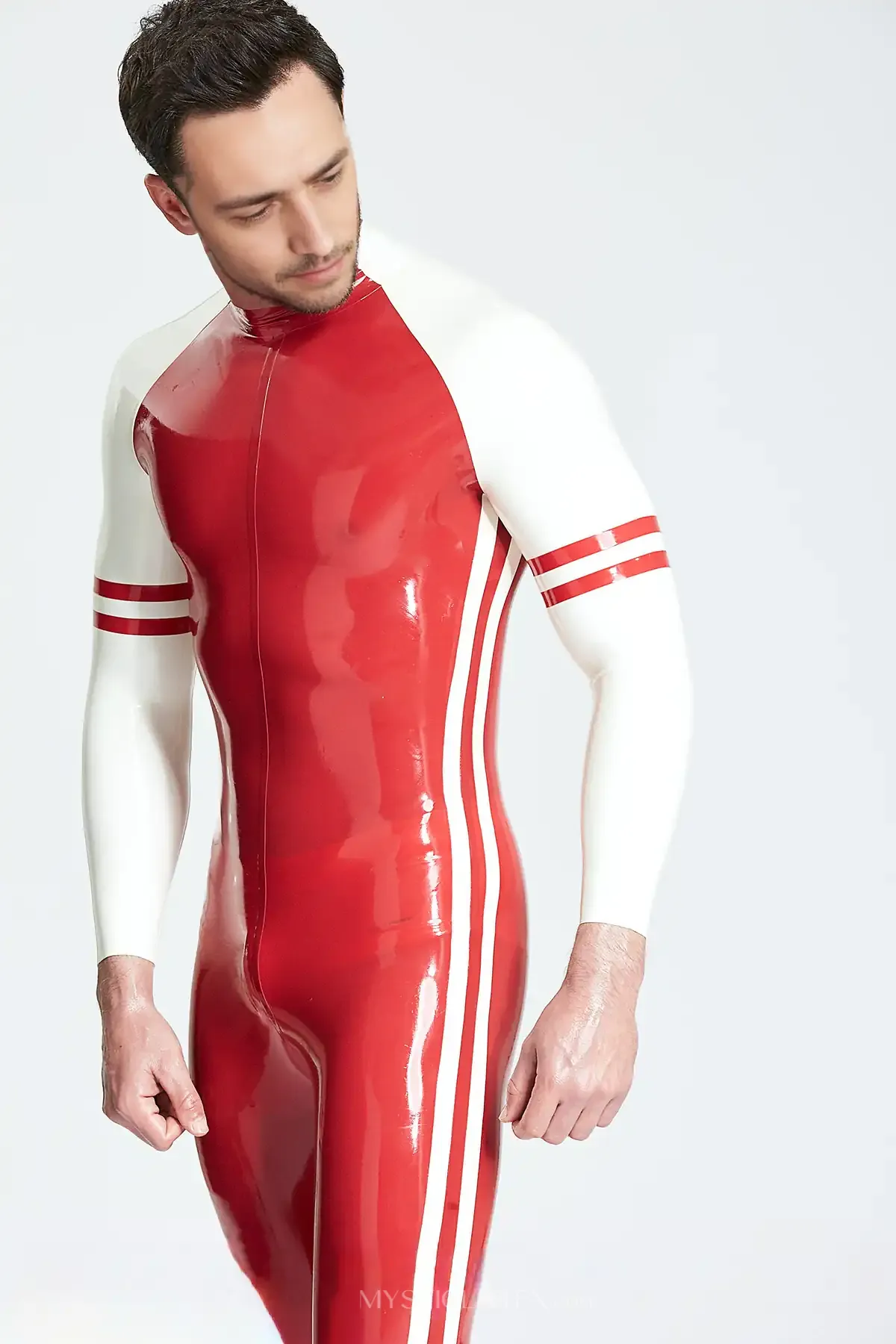 Male Biceps Two Horizontal Stripes Blaze Raglan-sleeved Latex Catsuit