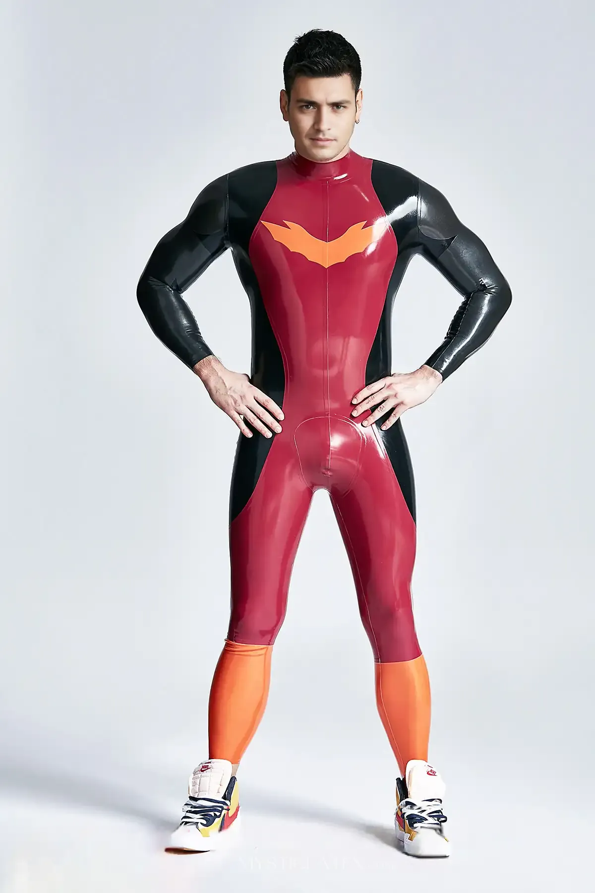 Male Winged Chest Pattern Center Back Zipper Latex Sporty Look Latex Catsuit