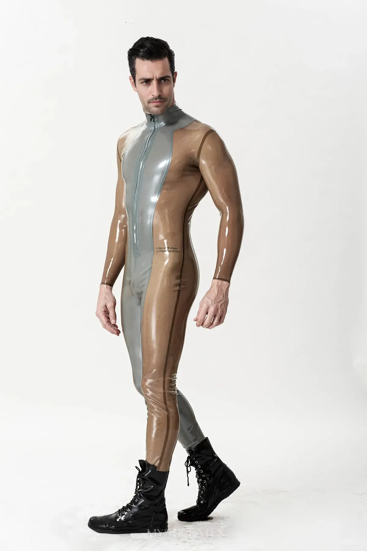 Translucent Sleeves and Sides Body Silver Sleek Front-zip Latex Catsuit