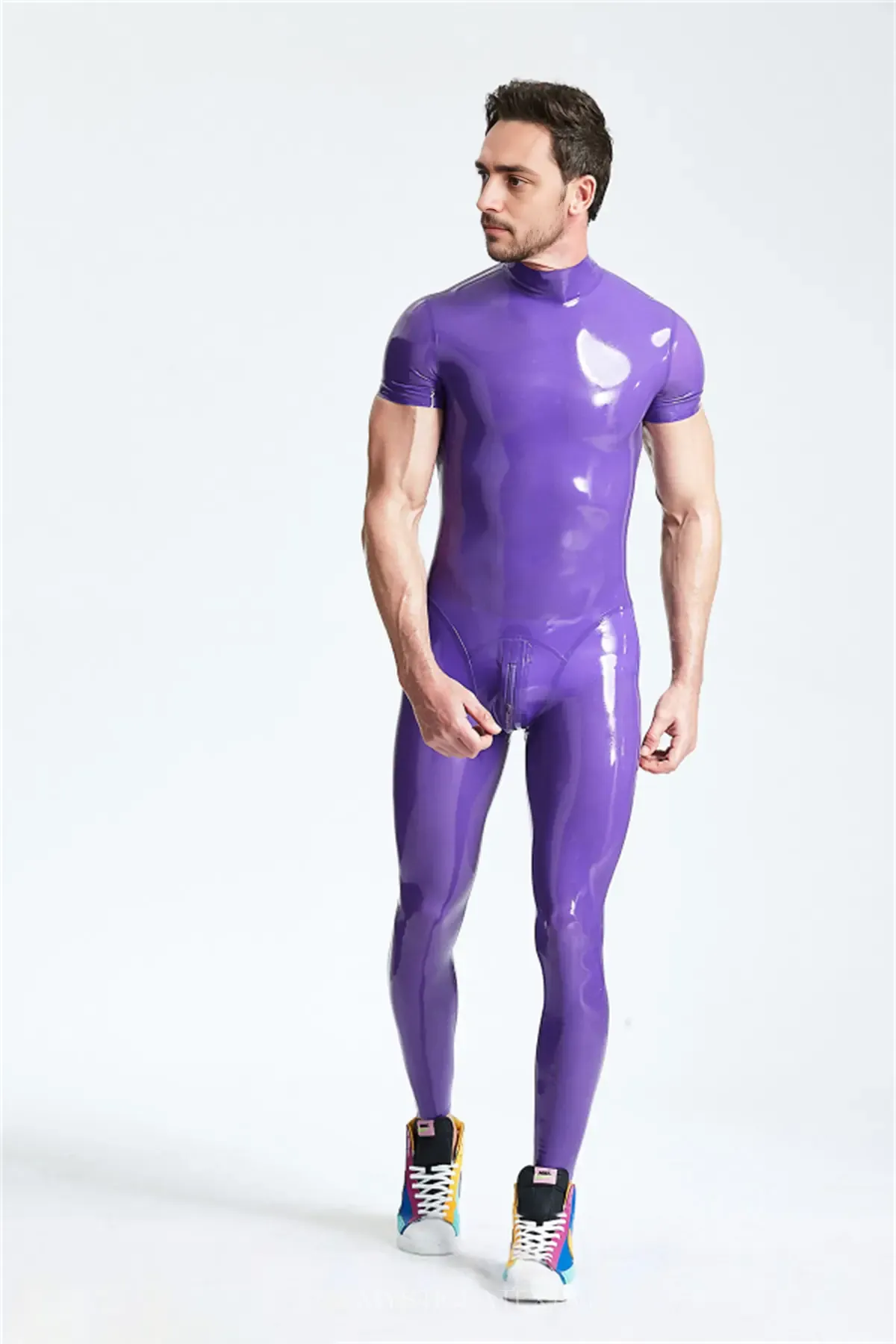 Male Leotard Pattern Seaming Short Sleeves Back Zip Latex Catsuit