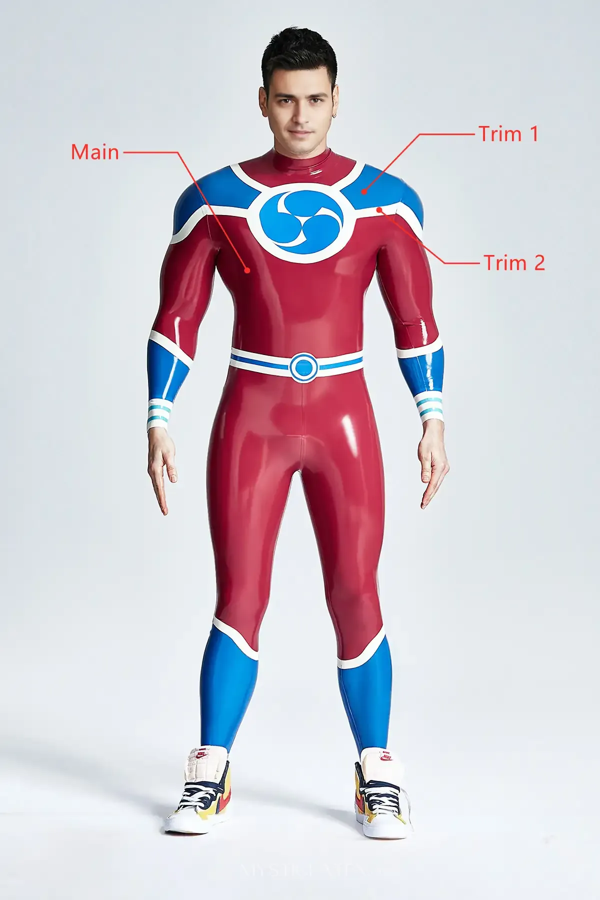 Chest Insignia Triple 9 Motif Male Captain Latex Catsuit