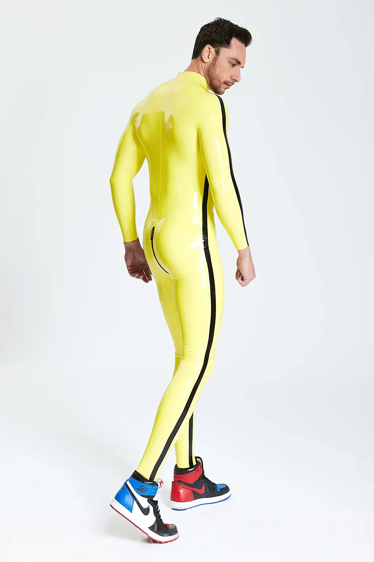 Mid-height Neck Collar Male Contrast Strips Latex Catsuit