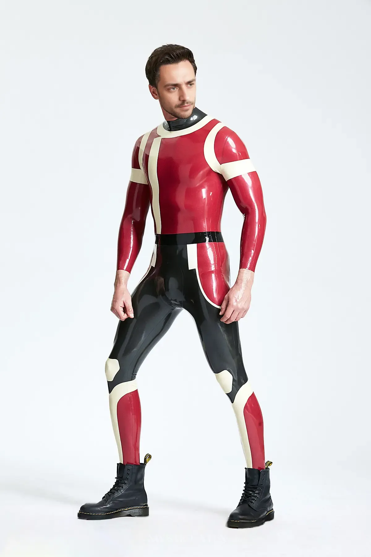 Male Irregular Patterns with False Belt Polymorph Back Zip Latex Catsuit