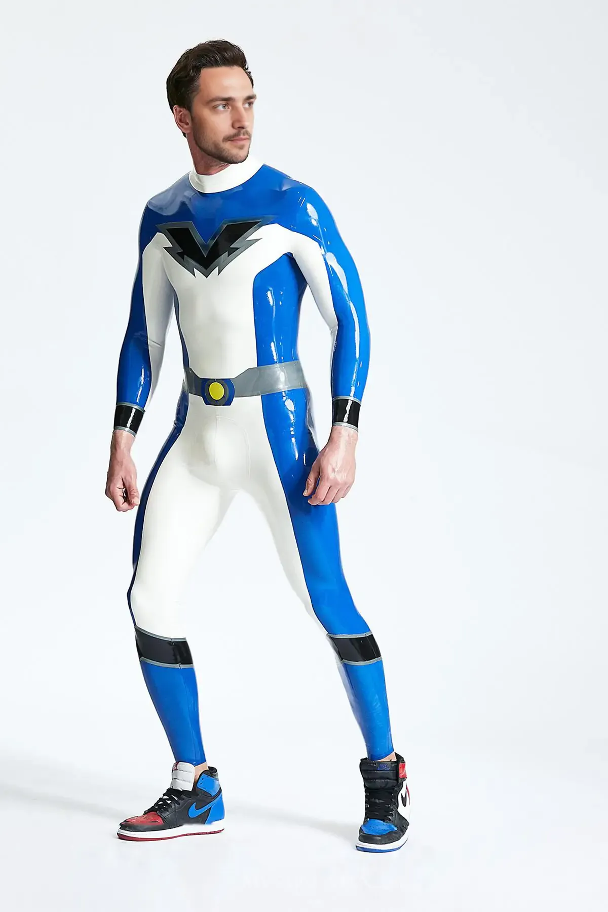 Bold V Pattern Fake Belt Pattern Male Valorous Latex Catsuit