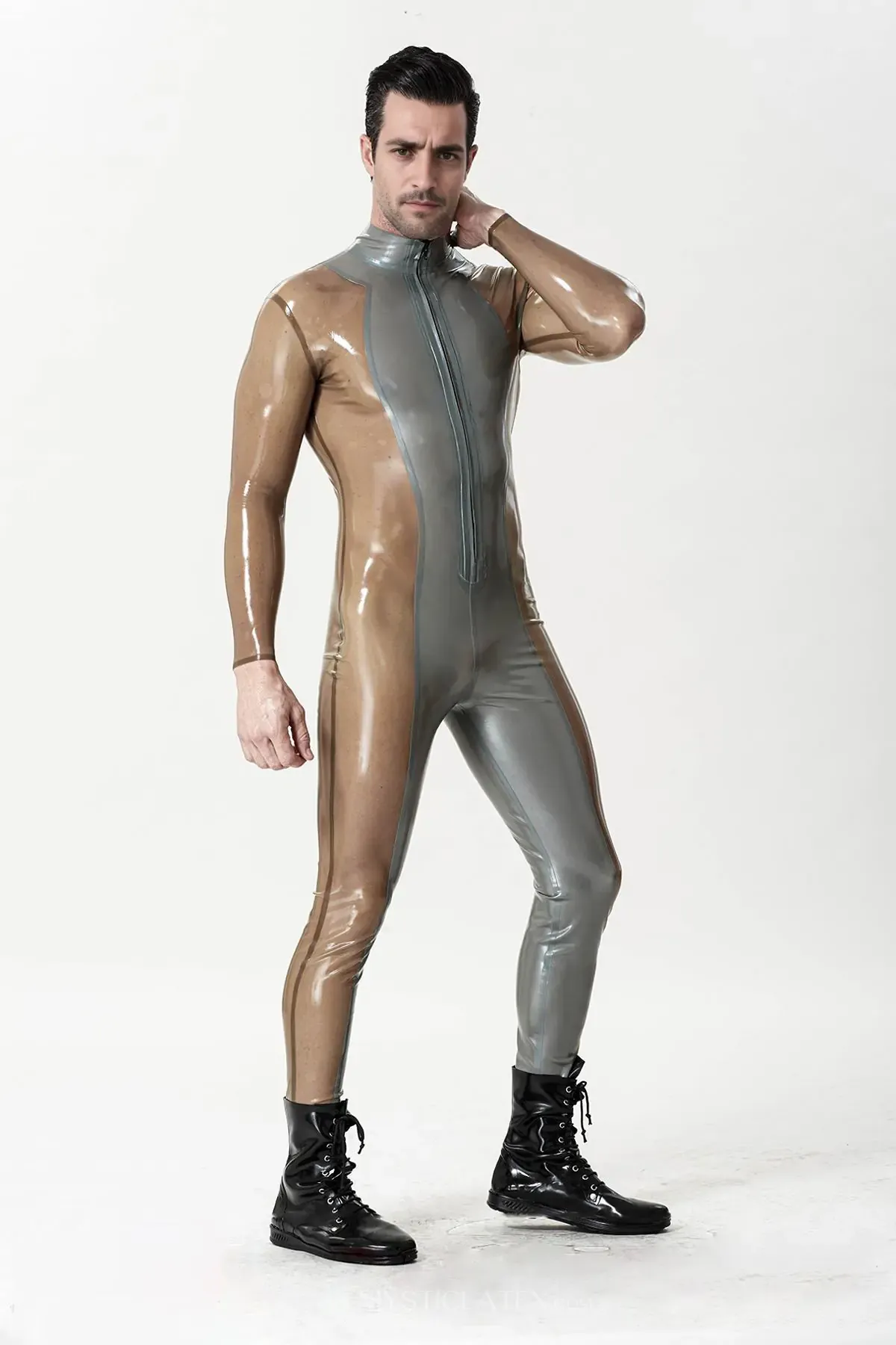 Translucent Sleeves and Sides Body Silver Sleek Front-zip Latex Catsuit
