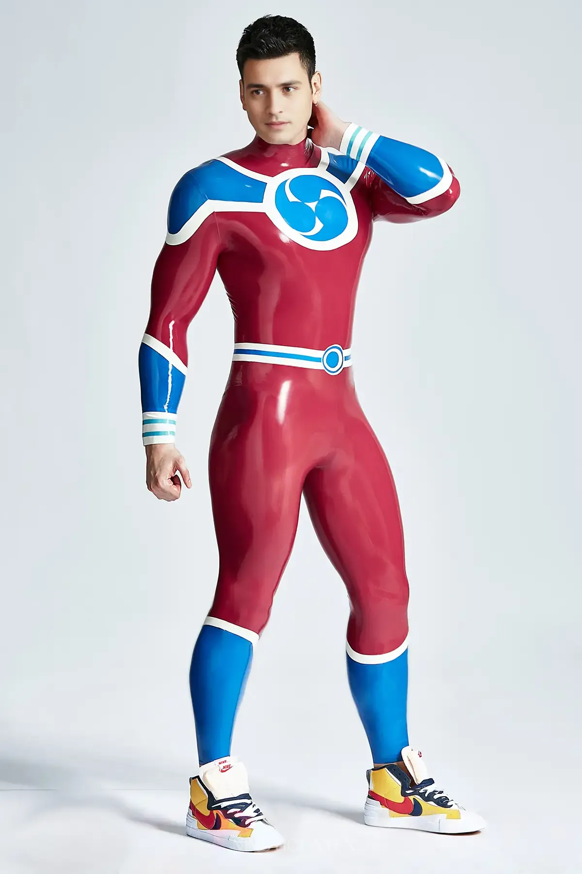 Chest Insignia Triple 9 Motif Male Captain Latex Catsuit