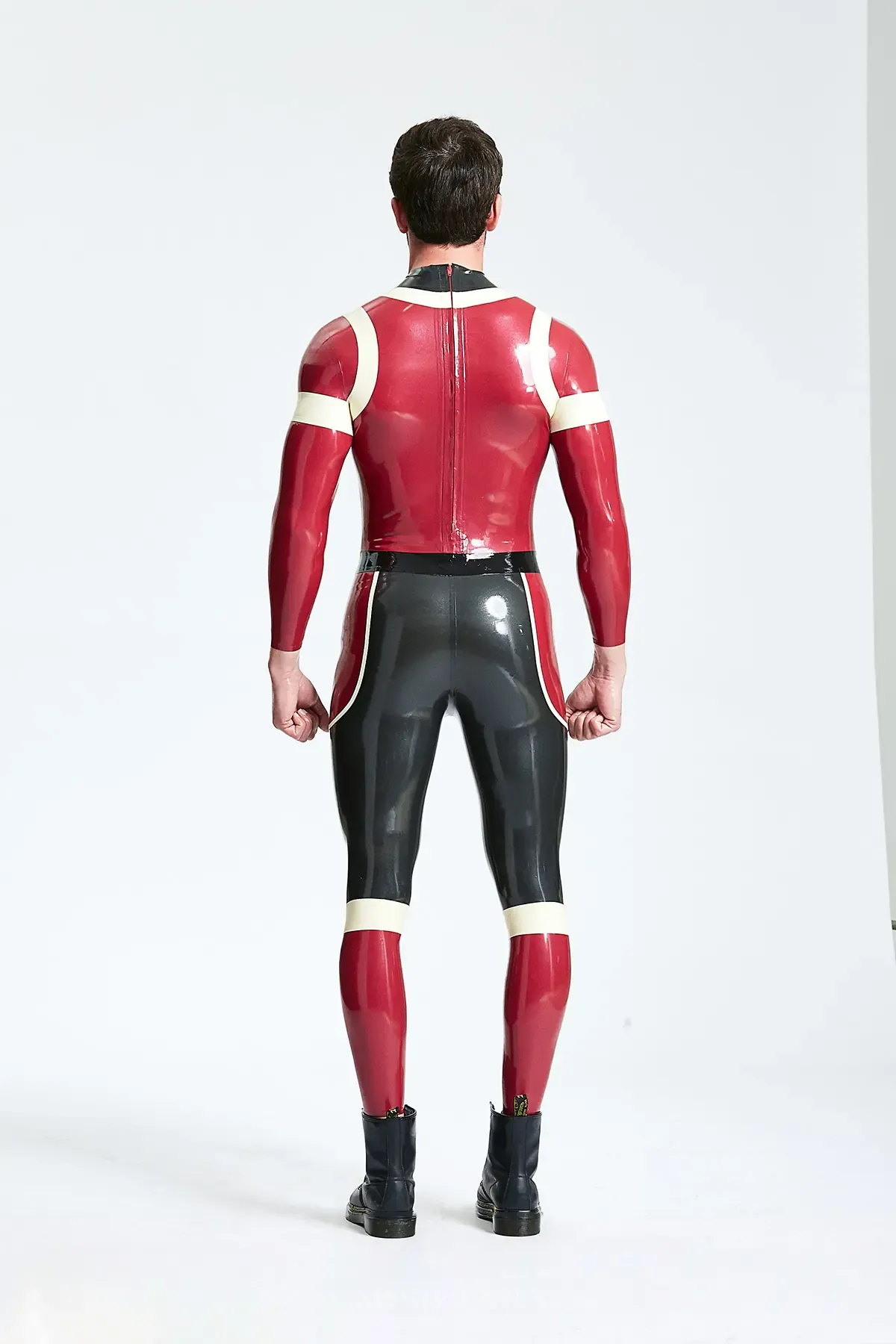 Male Irregular Patterns with False Belt Polymorph Back Zip Latex Catsuit