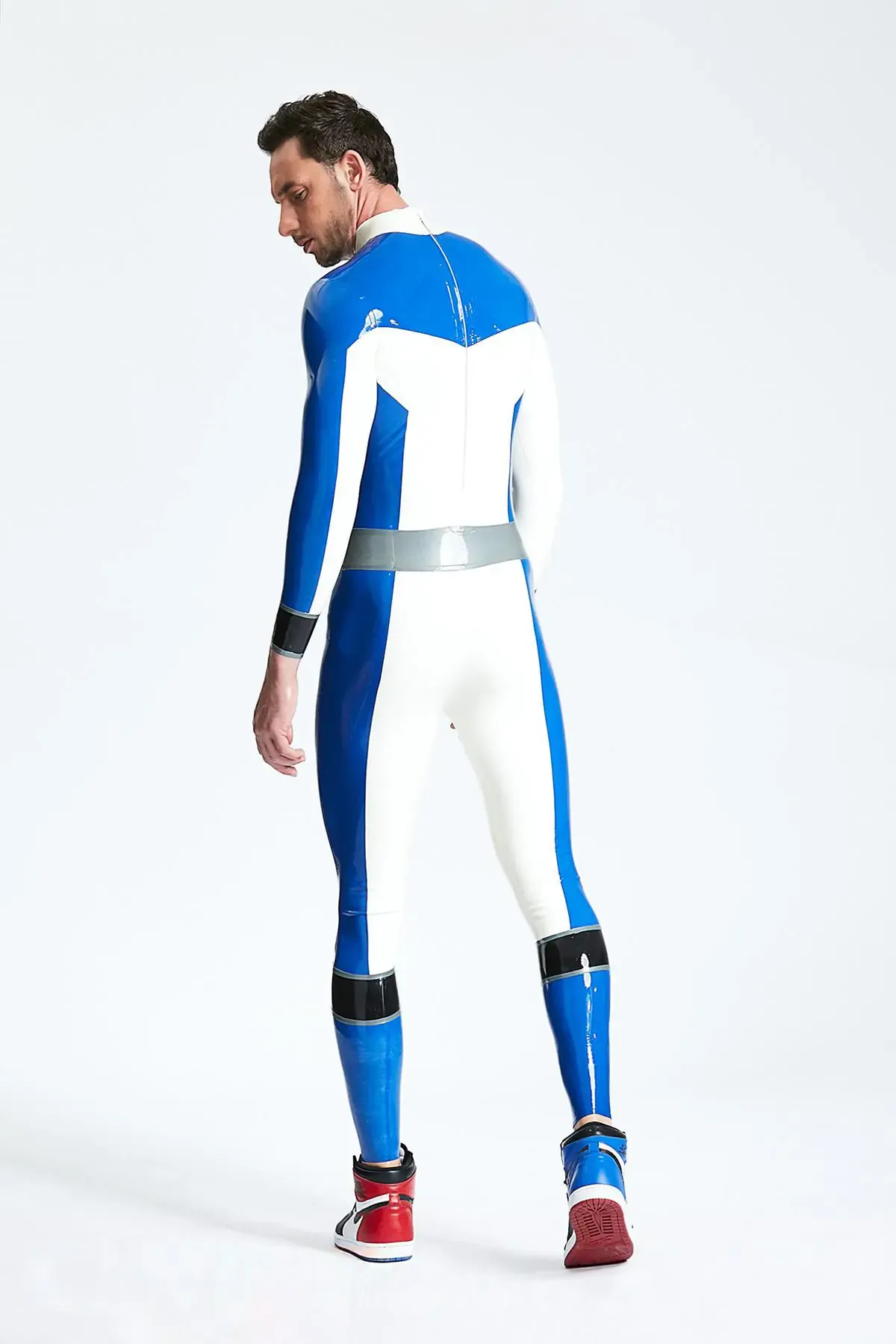 Bold V Pattern Fake Belt Pattern Male Valorous Latex Catsuit