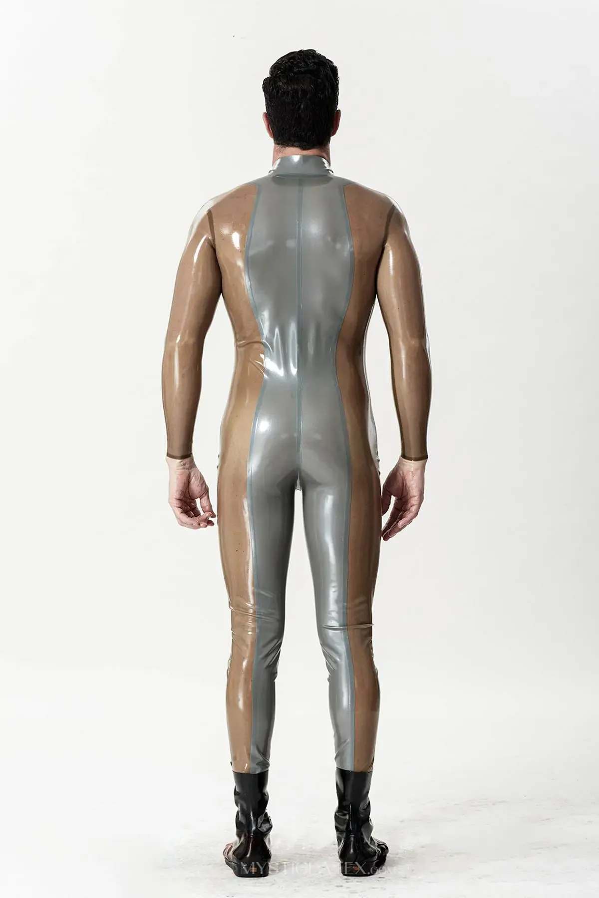 Translucent Sleeves and Sides Body Silver Sleek Front-zip Latex Catsuit