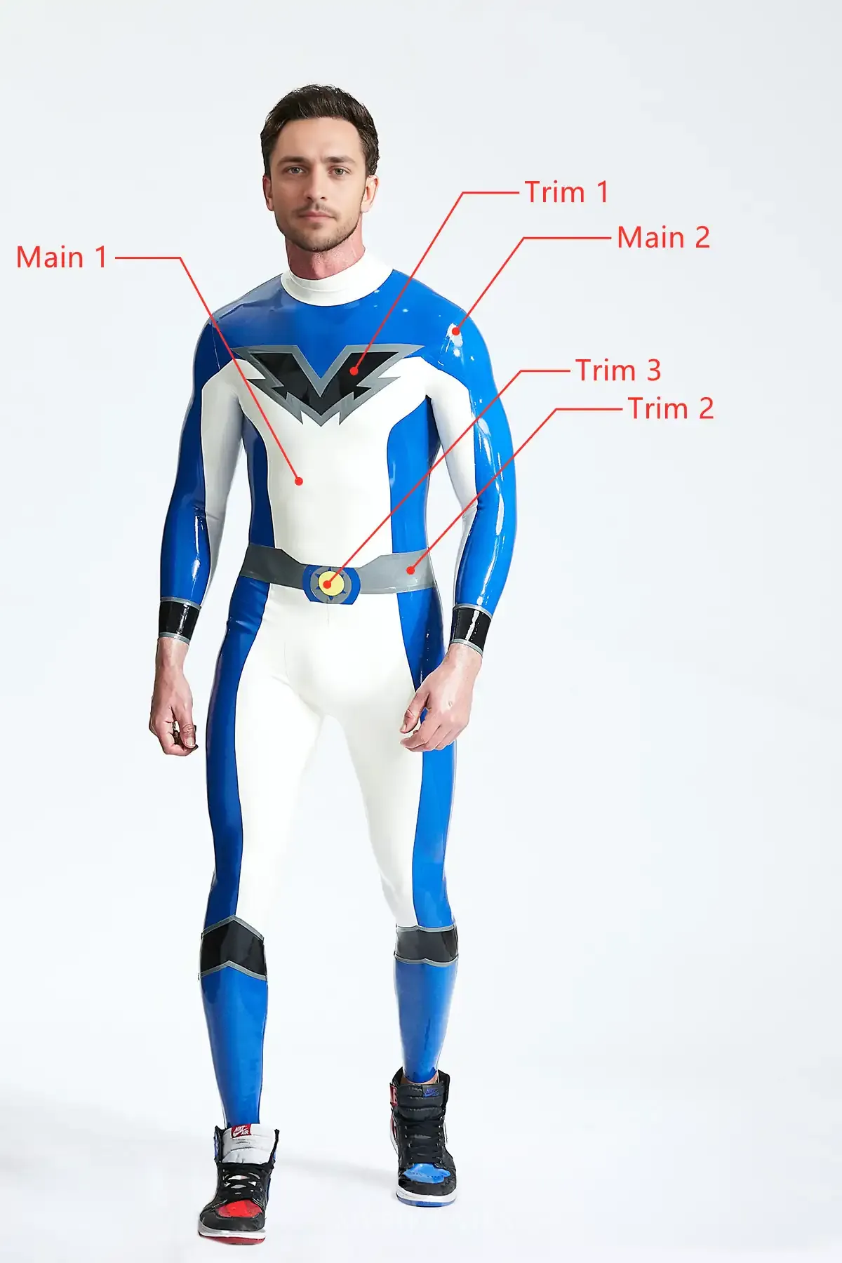 Bold V Pattern Fake Belt Pattern Male Valorous Latex Catsuit