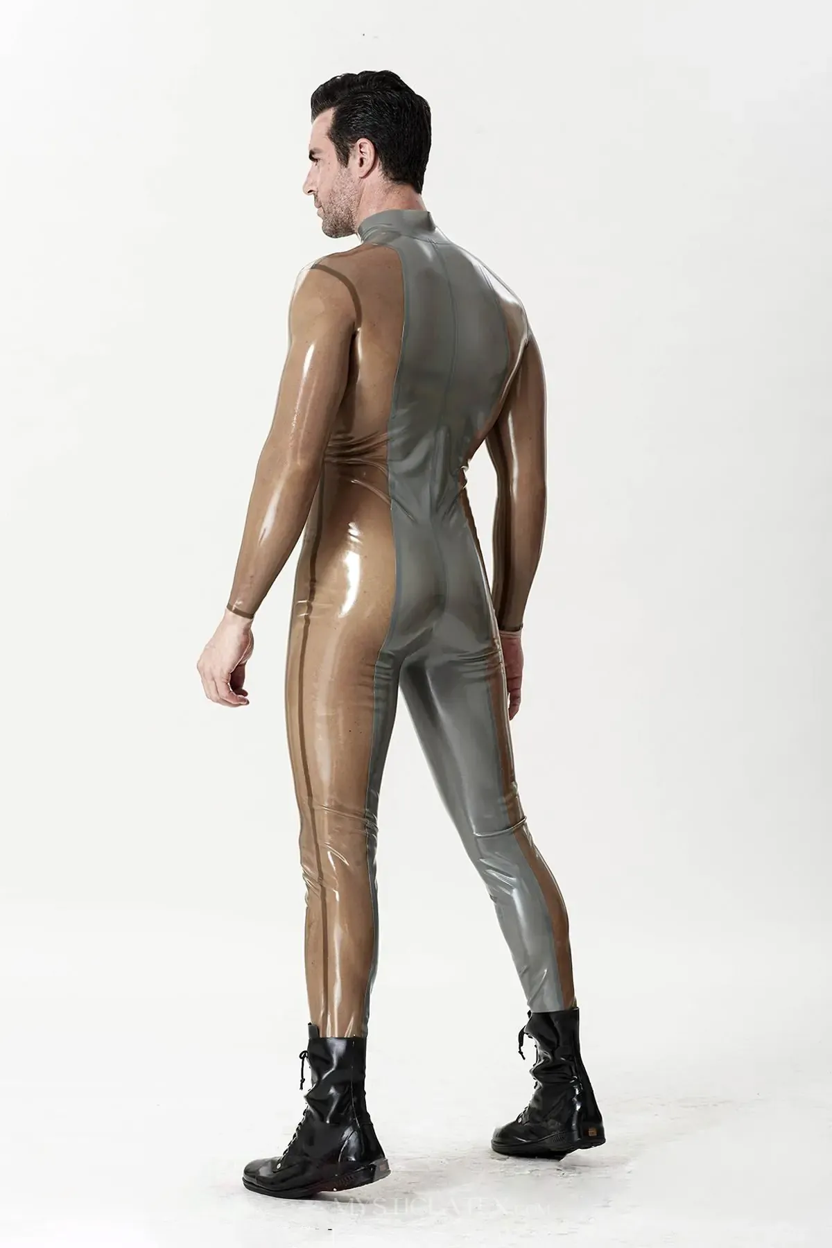 Translucent Sleeves and Sides Body Silver Sleek Front-zip Latex Catsuit