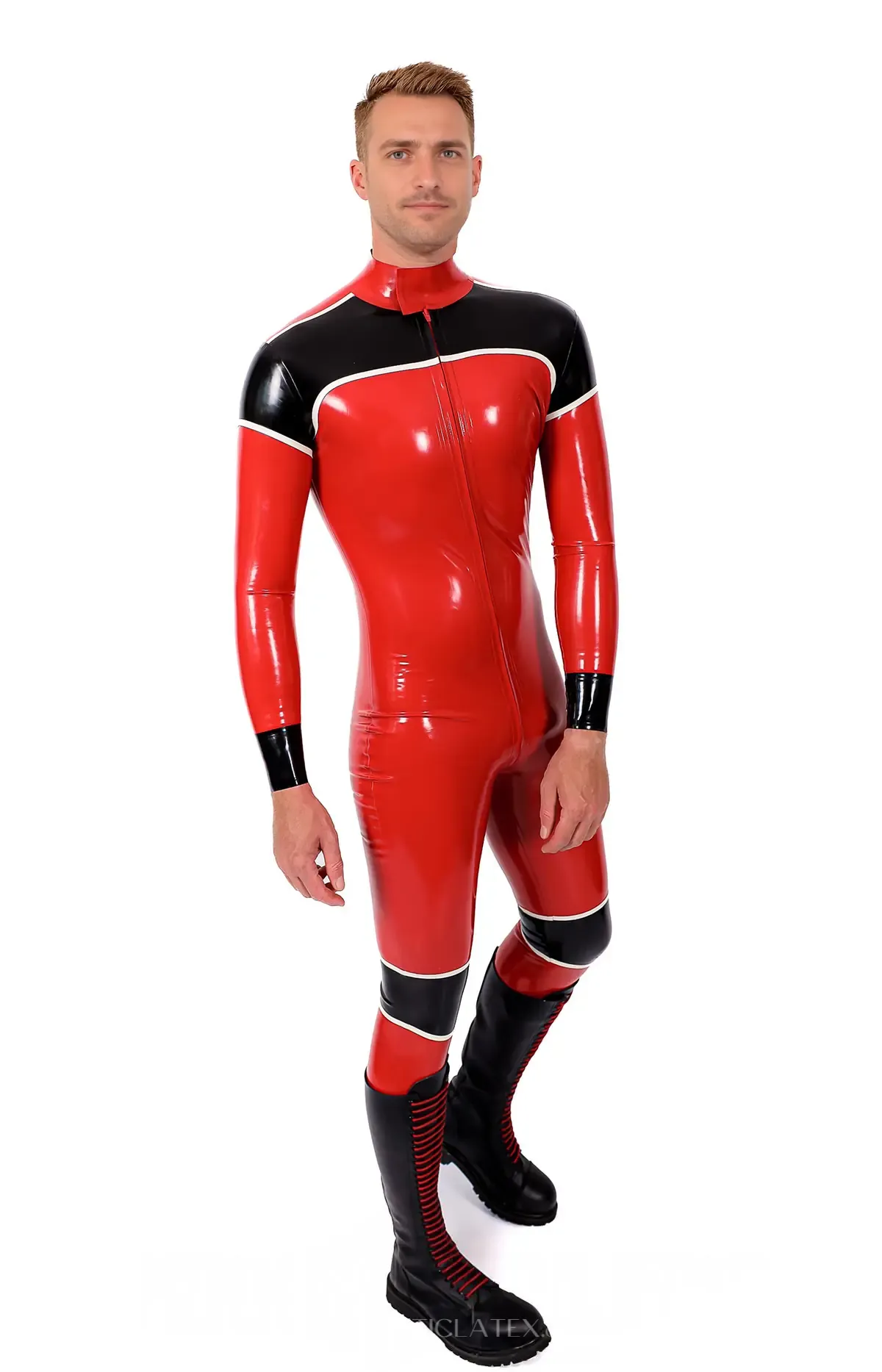 Neck Collar Crossover Velcro Fastening Front Zipper Latex Catsuit