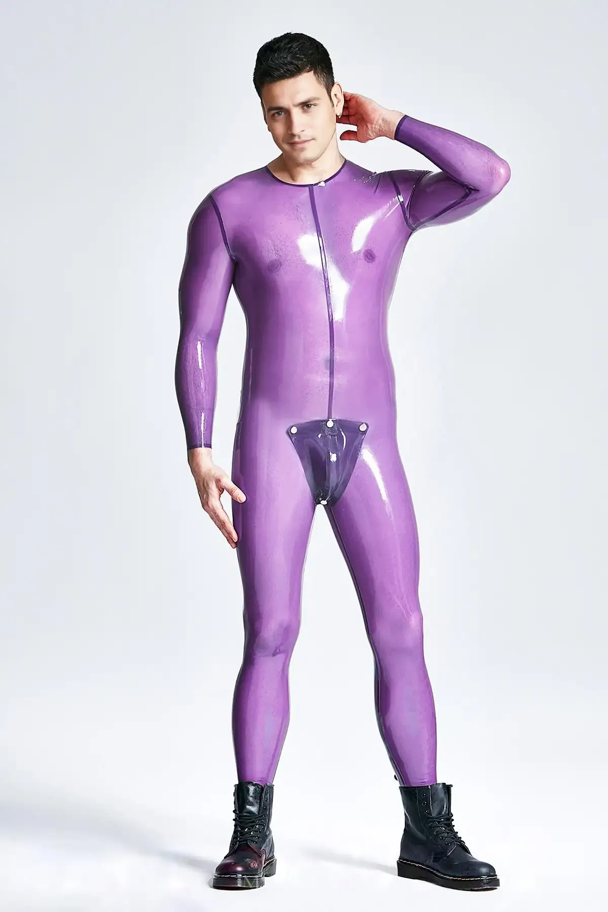 Male Translucent Lilac Round Neck Studs Codpiece Neck Entry Catsuit
