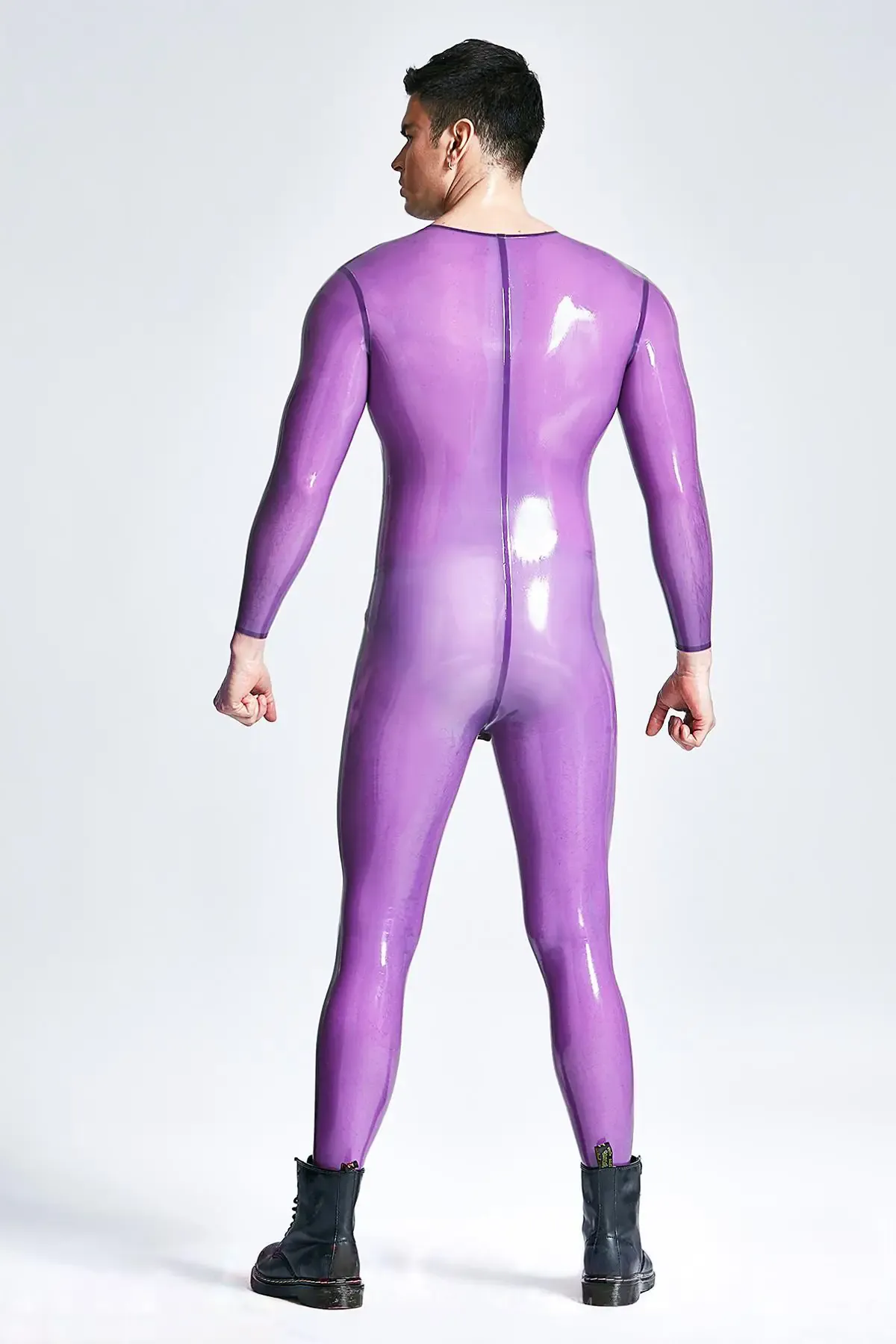 Male Translucent Lilac Round Neck Studs Codpiece Neck Entry Catsuit
