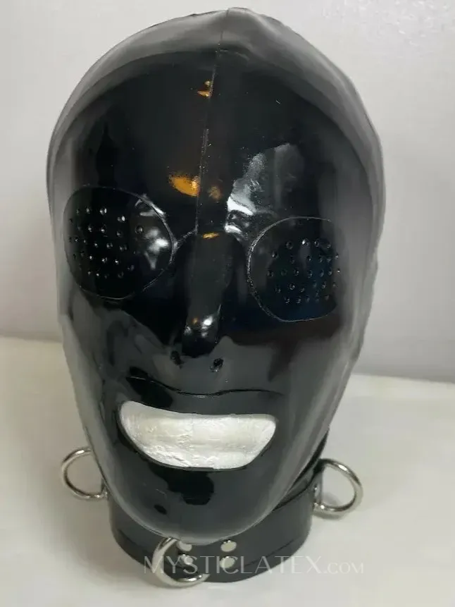 Black Mask Pin Hole Eyes Open Mouth Latex Hood