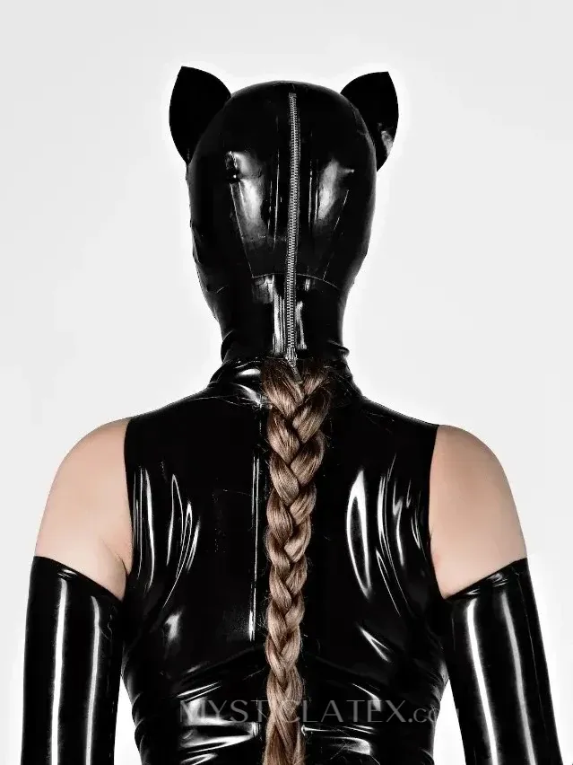 Black Cat Ears Latex Hood with Opened Eyes and Mouth