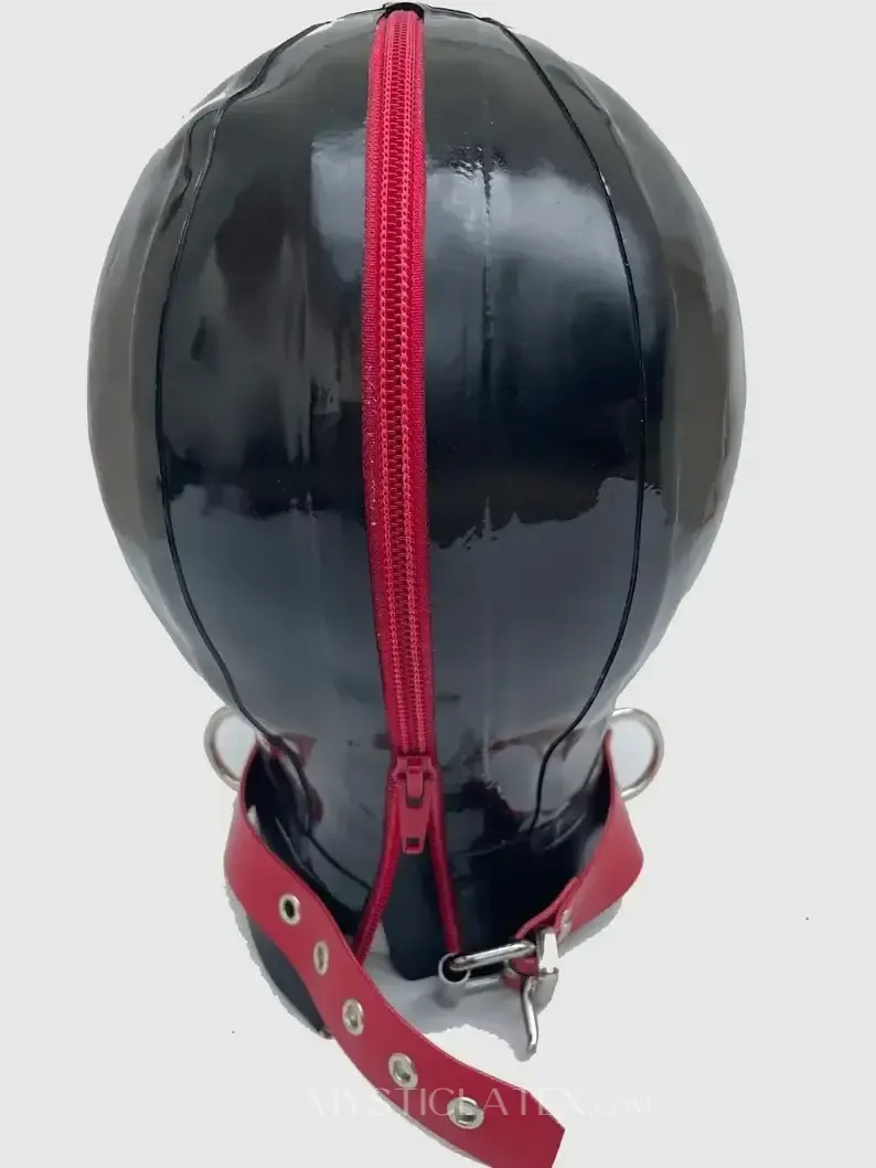 Black Mask Red Pin Hole Eyes Mouth Zipper Latex Hood