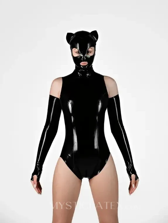 Black Cat Ears Latex Hood with Opened Eyes and Mouth