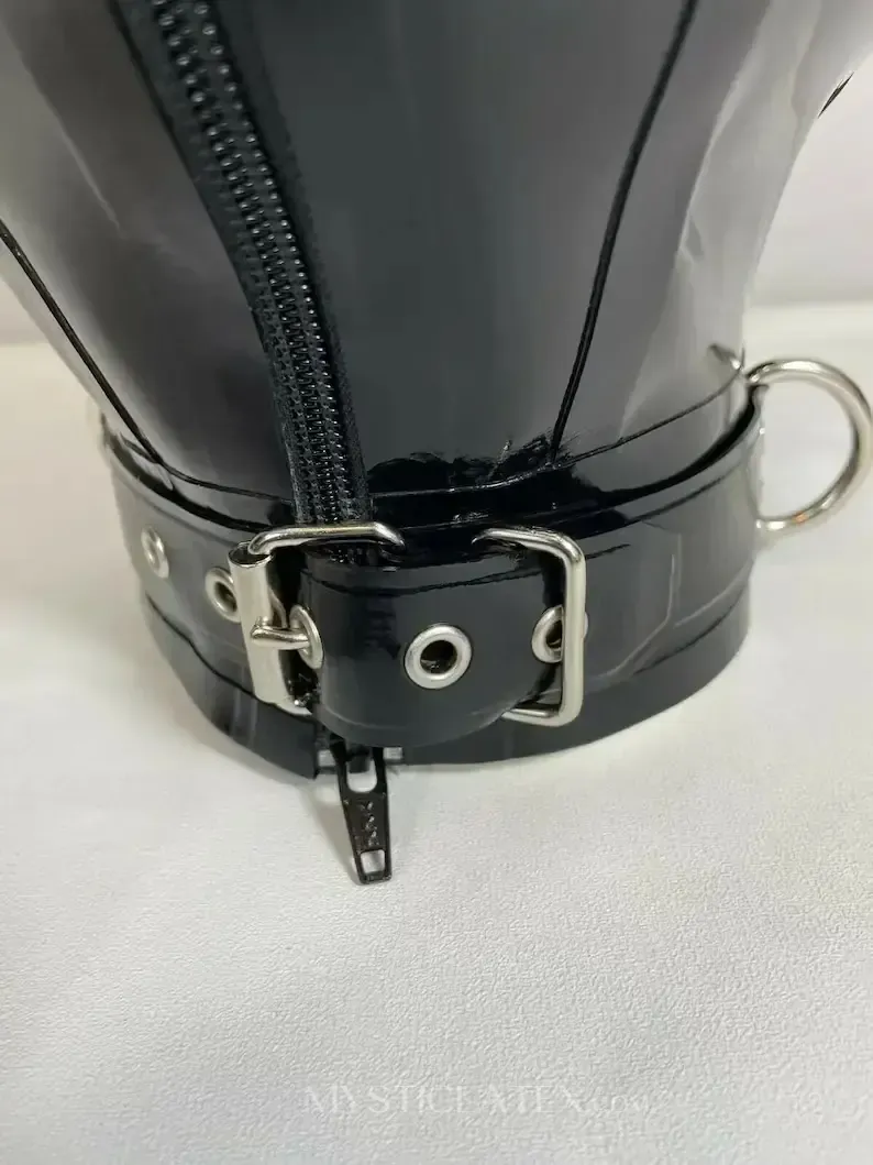 Black Mask Pin Hole Eyes Open Mouth Latex Hood