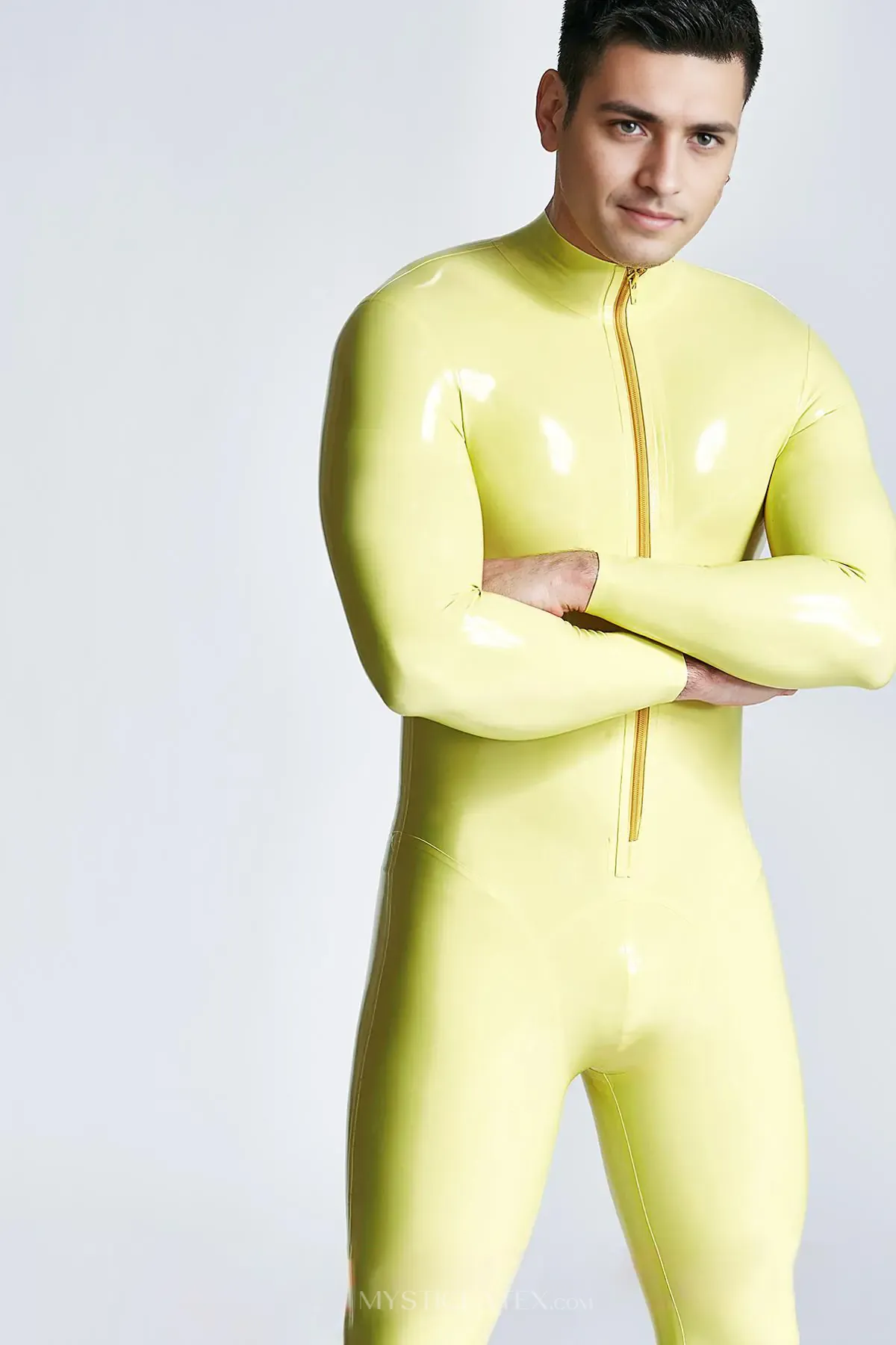 Male Leotard Pattern Seaming Front-zip Yellow Latex Catsuit