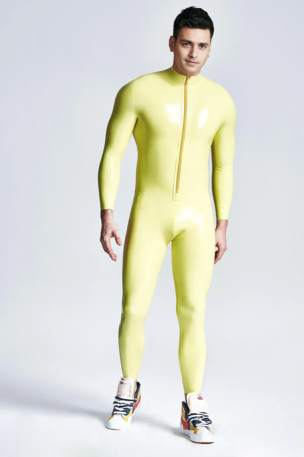 Male Leotard Pattern Seaming Front-zip Yellow Latex Catsuit