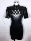 Natural Latex Heart-shaped Grid Short Sleeves High Stretch Shiny Black Wrap Hips Latex Dress