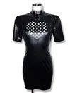 Natural Latex Heart-shaped Grid Short Sleeves High Stretch Shiny Black Wrap Hips Latex Dress