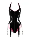 Women Black Halterneck Front Zipper Latex Bodysuit