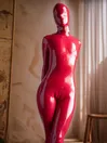 Red Unitard Full Body Head Lace Up Latex Catsuit