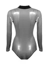 Women Front Zipper Neck Lace Up Latex Bodysuit