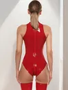 Women Red Back Thru Zip Latex Bodysuit