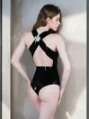 Women Leotard Back Cross Straps Latex Bodysuit