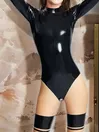 Women Latex Clothing Long Sleeves High Collar Black Body Transparent Legs Latex Catsuit