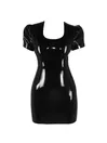 Women Squared Neckline Back Zipper Puff Sleeves Latex Dress