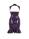 Women Bust Open Back Hollow Ruffles Hem Latex Dress