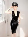 Fashion Back Zip Deep Neckline Sleeveless Latex Dress