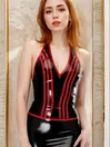 Women Halterneck Symmetrical Vertical Lines Sleeveless Latex Top