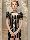 Women Striped Front Press Buttons Chest Hollow Latex Blouse