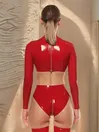 Women Long Sleeves High Waist Back Zipper Latex Top