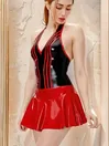 Women Halterneck Symmetrical Vertical Lines Sleeveless Latex Top