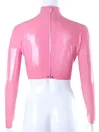 Women Long Sleeve High Collar Back Zipper Latex Top