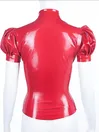 Women Puff Sleeve Lapel Collar Front Button Latex Blouse