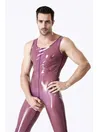 Man Translucent Purple Sleeveless Front Crotch Hole Open Bum Singlet Latex Suit