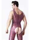 Man Translucent Purple Sleeveless Front Crotch Hole Open Bum Singlet Latex Suit